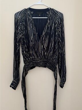 White House Black Market Navy Blouse with Metallic Gold Stripes